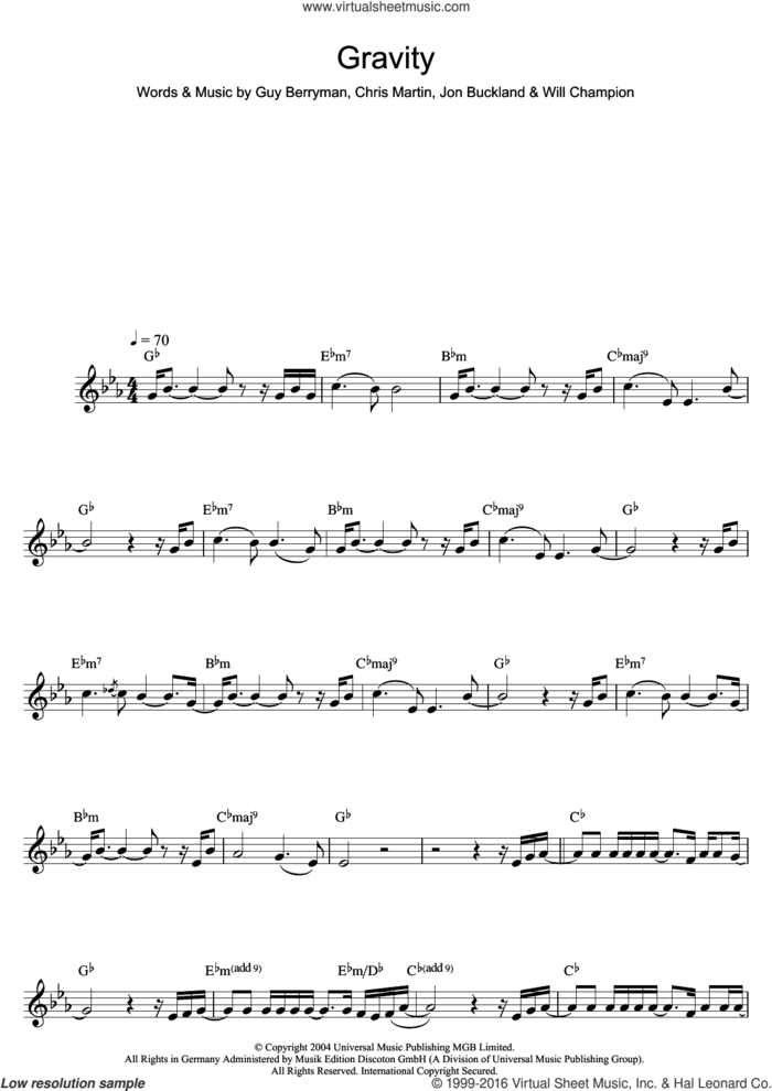 Gravity sheet music for saxophone solo by Embrace, Coldplay, Chris Martin, Guy Berryman, Jonny Buckland and Will Champion, intermediate skill level