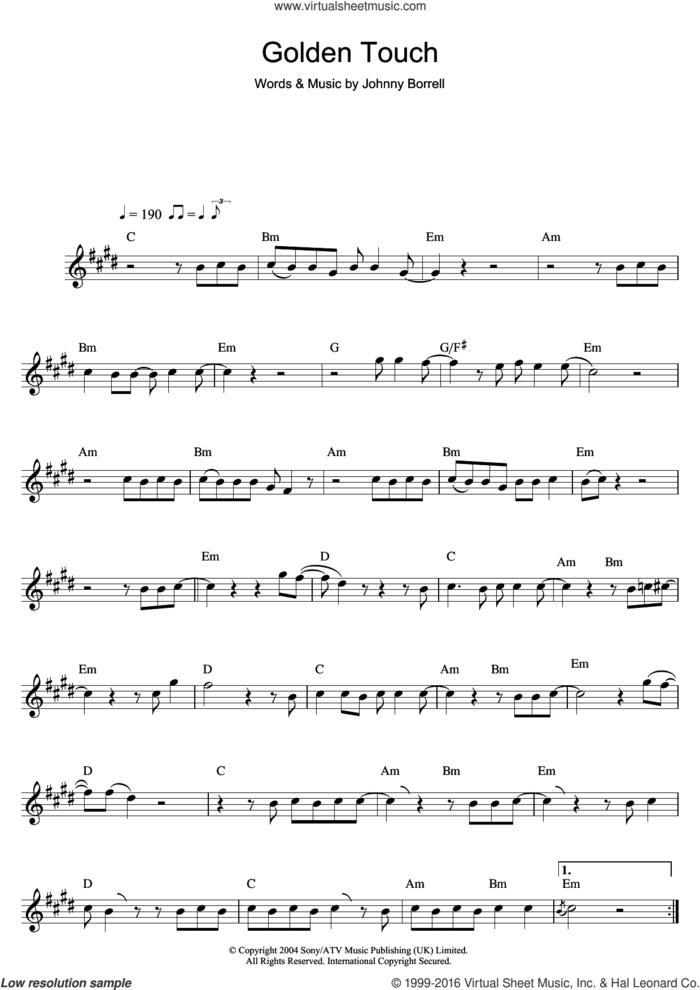 Golden Touch sheet music for saxophone solo by Razorlight and Johnny Borrell, intermediate skill level