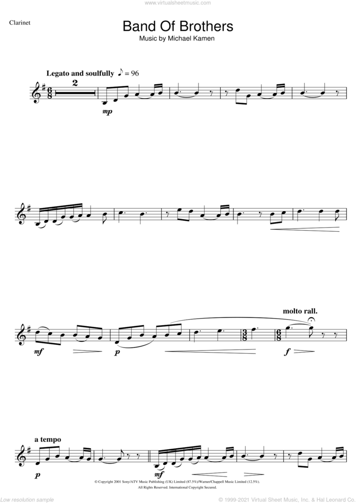 Band Of Brothers sheet music for clarinet solo by Michael Kamen, intermediate skill level