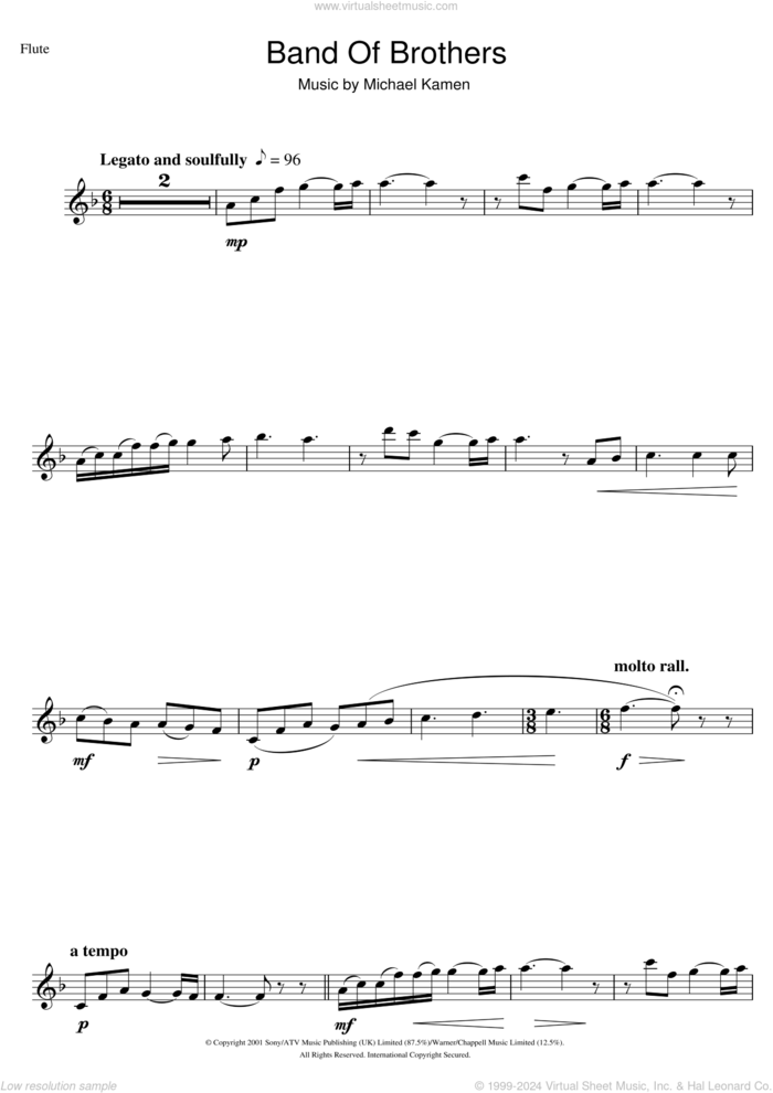 Band Of Brothers sheet music for flute solo by Michael Kamen, intermediate skill level