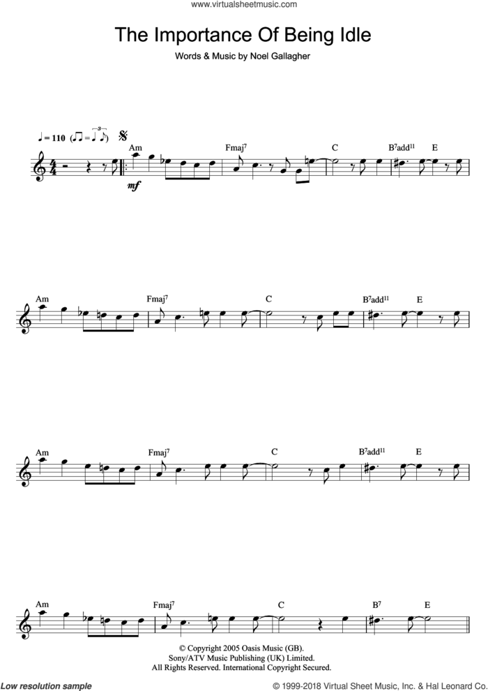 The Importance Of Being Idle sheet music for flute solo by Oasis and Noel Gallagher, intermediate skill level