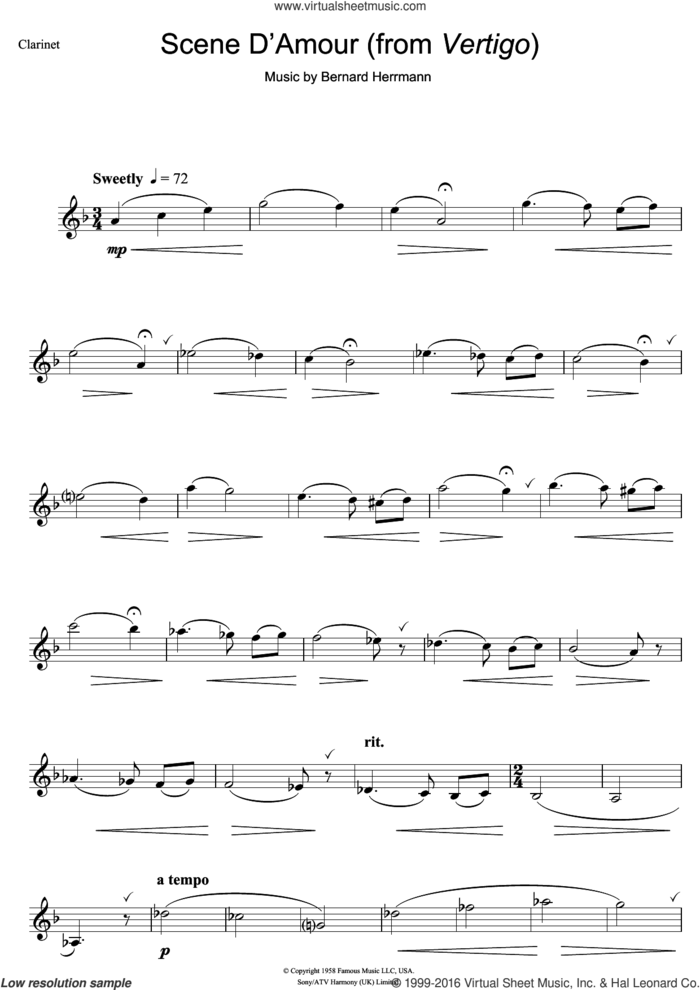 Scene D'Amour (from Vertigo) sheet music for clarinet solo by Bernard Herrmann, intermediate skill level