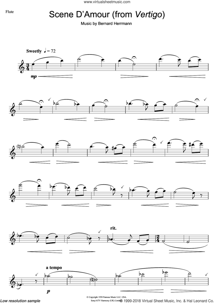 Scene D'Amour (from Vertigo) sheet music for flute solo by Bernard Herrmann, intermediate skill level