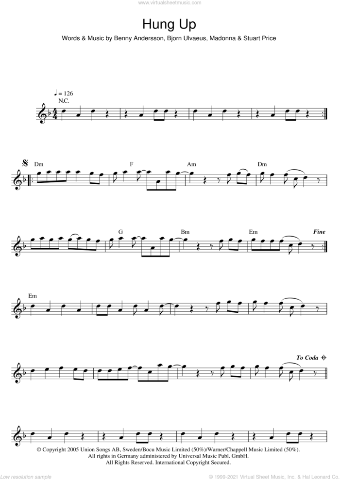 Hung Up sheet music for flute solo by Madonna, Benny Andersson, Bjorn Ulvaeus and Stuart Price, intermediate skill level