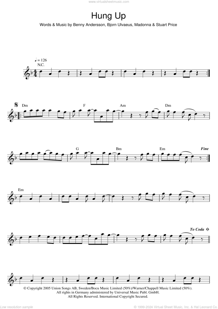 Hung Up sheet music for flute solo by Madonna, Benny Andersson, Bjorn Ulvaeus and Stuart Price, intermediate skill level