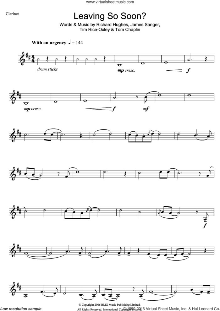 Leaving So Soon? sheet music for clarinet solo by Tim Rice-Oxley, James Sanger, Richard Hughes and Tom Chaplin, intermediate skill level