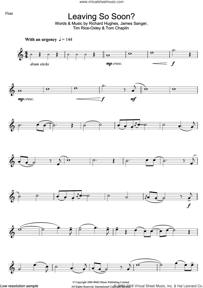 Leaving So Soon? sheet music for flute solo by Tim Rice-Oxley, James Sanger, Richard Hughes and Tom Chaplin, intermediate skill level