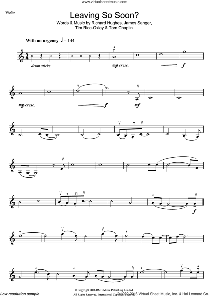 Leaving So Soon? sheet music for violin solo by Tim Rice-Oxley, James Sanger, Richard Hughes and Tom Chaplin, intermediate skill level