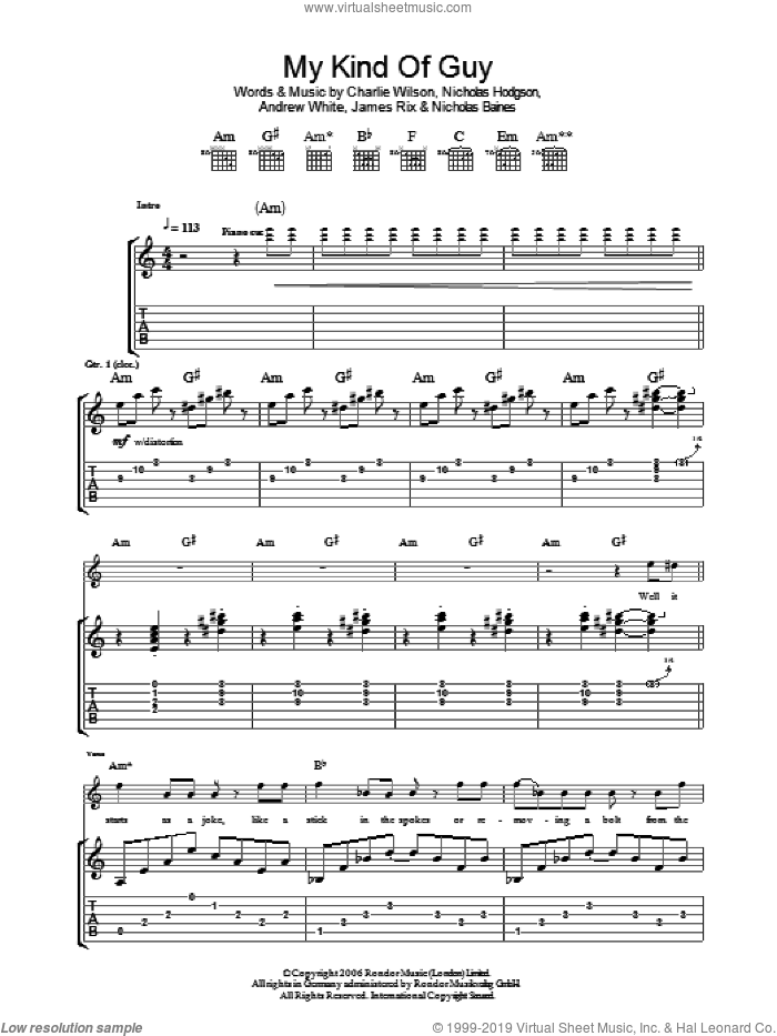 My Kind Of Guy sheet music for guitar (tablature) by Kaiser Chiefs, Andrew White, Charlie Wilson, James Rix, Nicholas Baines and Nicholas Hodgson, intermediate skill level