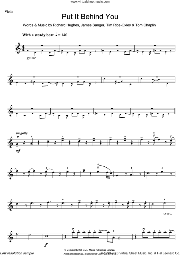 Put It Behind You sheet music for violin solo by Tim Rice-Oxley, James Sanger, Richard Hughes and Tom Chaplin, intermediate skill level