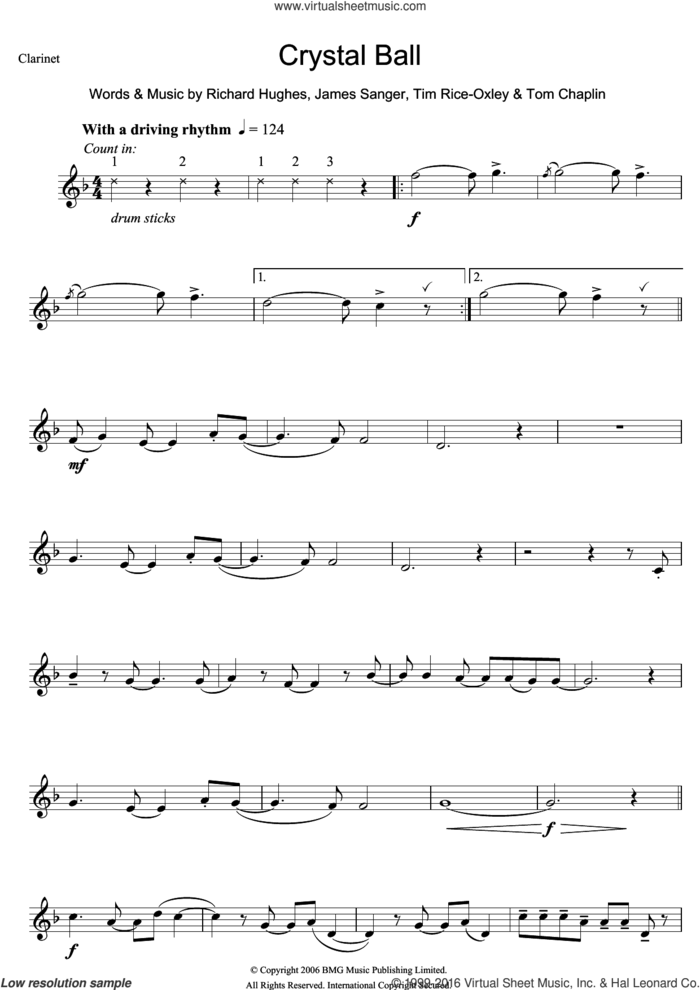 Crystal Ball sheet music for clarinet solo by Tim Rice-Oxley, James Sanger, Richard Hughes and Tom Chaplin, intermediate skill level