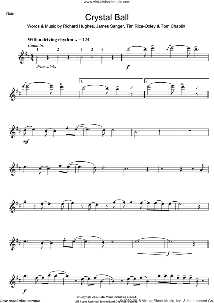 Crystal Ball sheet music for flute solo by Tim Rice-Oxley, James Sanger, Richard Hughes and Tom Chaplin, intermediate skill level