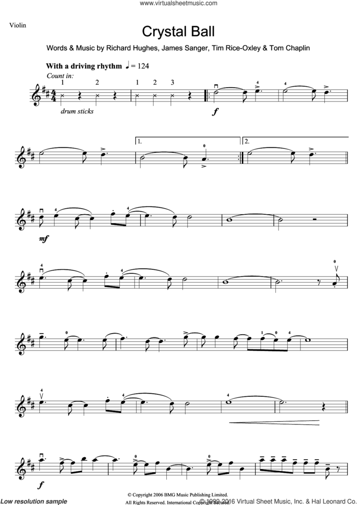 Crystal Ball sheet music for violin solo by Tim Rice-Oxley, James Sanger, Richard Hughes and Tom Chaplin, intermediate skill level