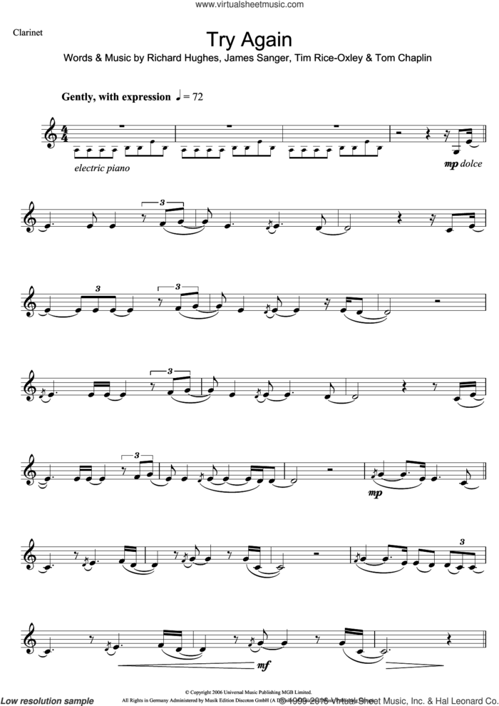 Try Again sheet music for clarinet solo by Tim Rice-Oxley, James Sanger, Richard Hughes and Tom Chaplin, intermediate skill level