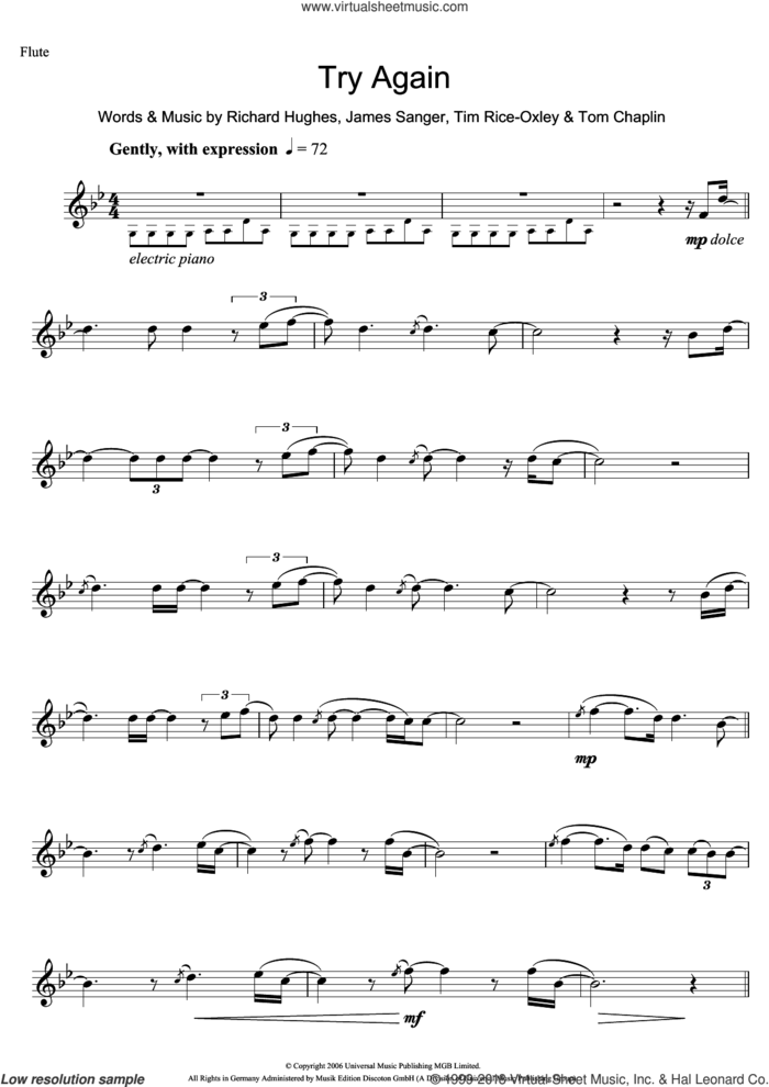 Try Again sheet music for flute solo by Tim Rice-Oxley, James Sanger, Richard Hughes and Tom Chaplin, intermediate skill level