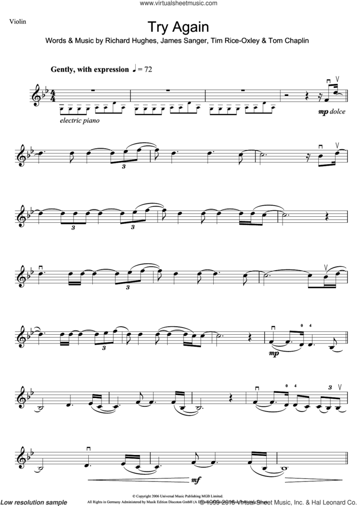 Try Again sheet music for violin solo by Tim Rice-Oxley, James Sanger, Richard Hughes and Tom Chaplin, intermediate skill level