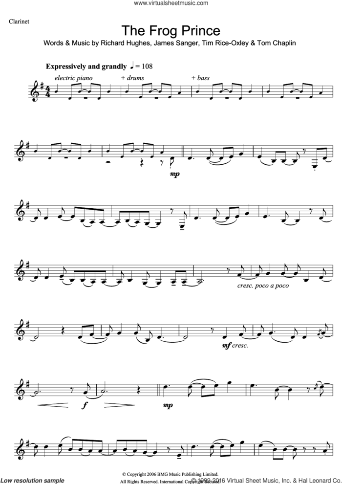 The Frog Prince sheet music for clarinet solo by Tim Rice-Oxley, James Sanger, Richard Hughes and Tom Chaplin, intermediate skill level