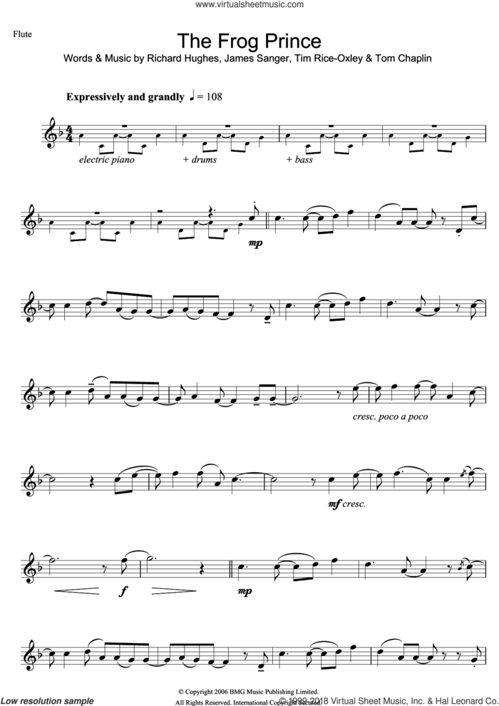 The Frog Prince sheet music for flute solo by Tim Rice-Oxley, James Sanger, Richard Hughes and Tom Chaplin, intermediate skill level