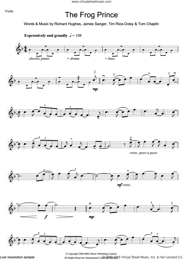 The Frog Prince sheet music for violin solo by Tim Rice-Oxley, James Sanger, Richard Hughes and Tom Chaplin, intermediate skill level