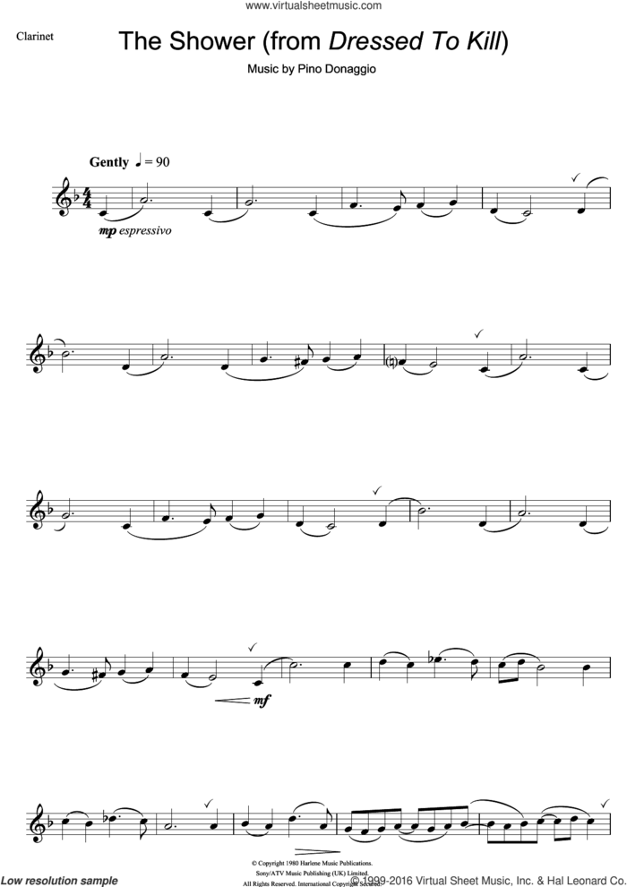 The Shower (from Dressed To Kill) sheet music for clarinet solo by Pino Donaggio, intermediate skill level