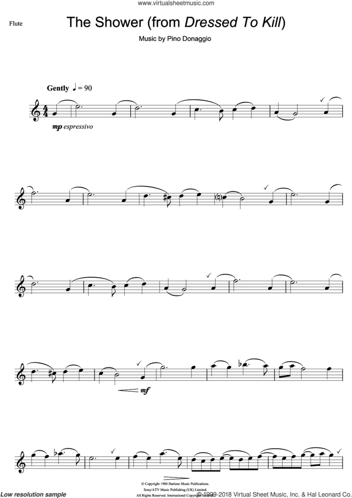 The Shower (from Dressed To Kill) sheet music for flute solo by Pino Donaggio, intermediate skill level