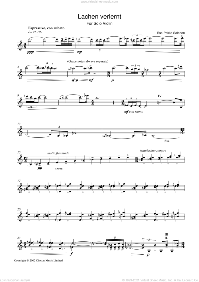 Lachen Verlernt sheet music for violin solo by Esa-Pekka Salonen, classical score, intermediate skill level