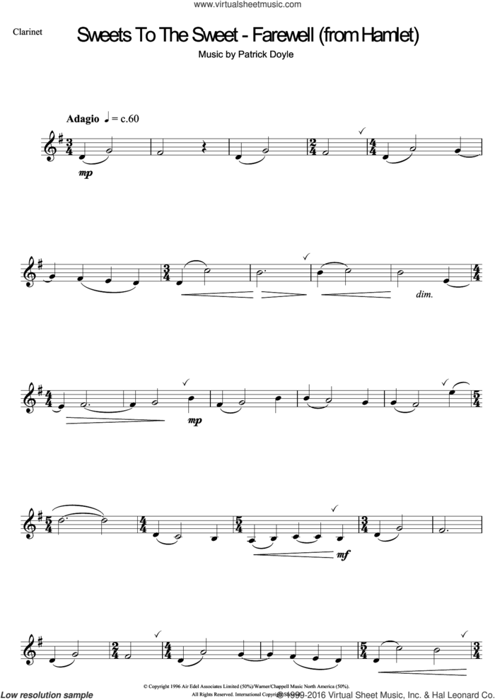 Sweets To The Sweet - Farewell (from Hamlet) sheet music for clarinet solo by Patrick Doyle, intermediate skill level