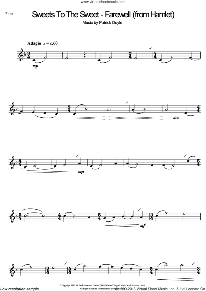 Sweets To The Sweet - Farewell (from Hamlet) sheet music for flute solo by Patrick Doyle, intermediate skill level