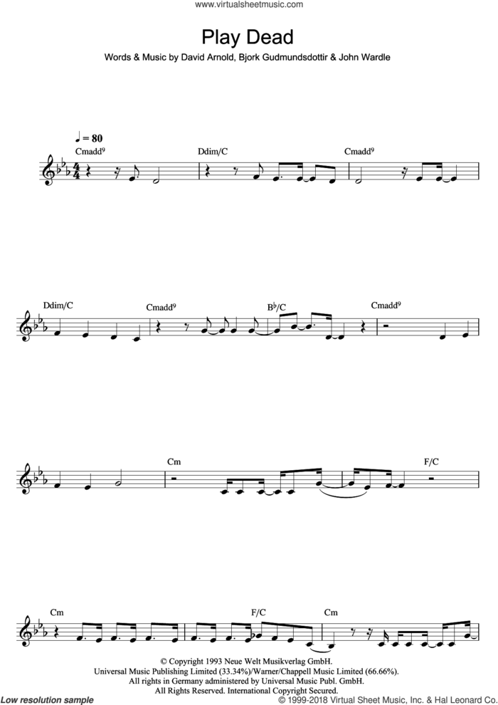 Play Dead sheet music for flute solo by Bjork Gudmundsdottir, David Arnold and John Wardle, intermediate skill level