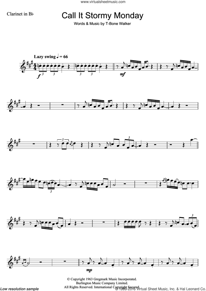 Call It Stormy Monday (But Tuesday Is Just As Bad) sheet music for clarinet solo by Aaron 'T-Bone' Walker, intermediate skill level