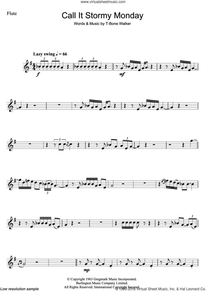 Call It Stormy Monday (But Tuesday Is Just As Bad) sheet music for flute solo by Aaron 'T-Bone' Walker, intermediate skill level