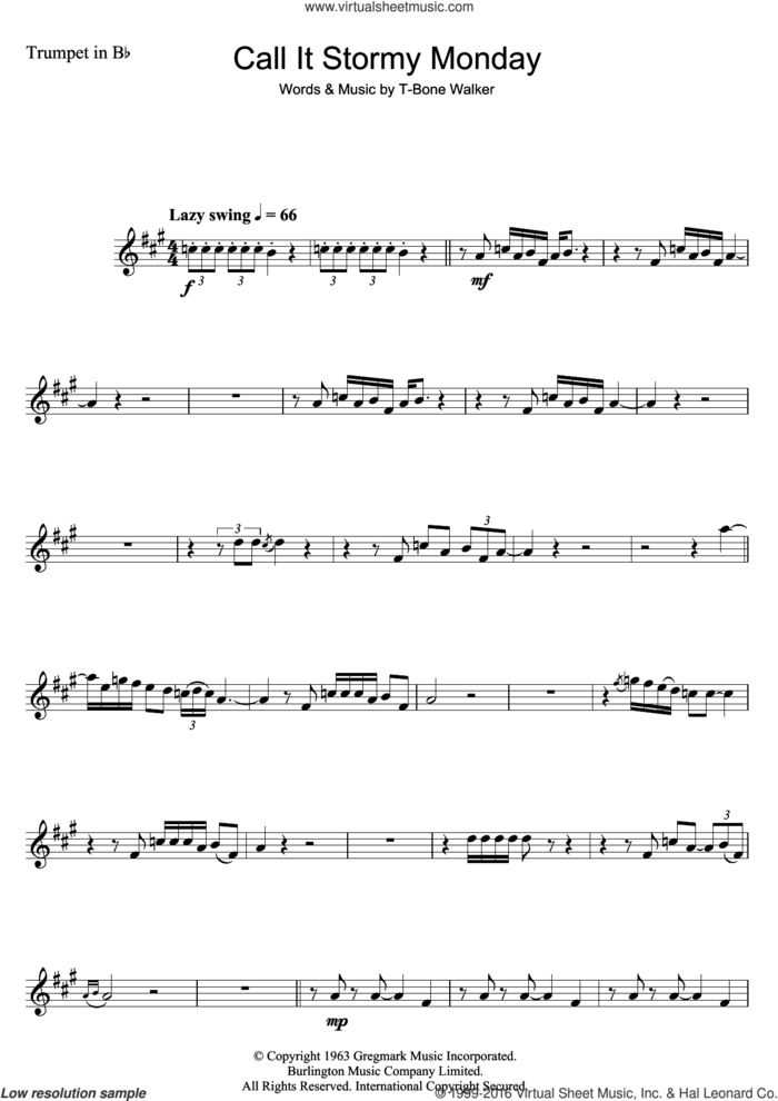 Call It Stormy Monday (But Tuesday Is Just As Bad) sheet music for trumpet solo by Aaron 'T-Bone' Walker, intermediate skill level