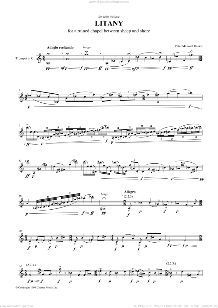 Litany For A Ruined Chapel Between Sheep And Shore sheet music for trumpet solo by Peter Maxwell Davies, classical score, intermediate skill level