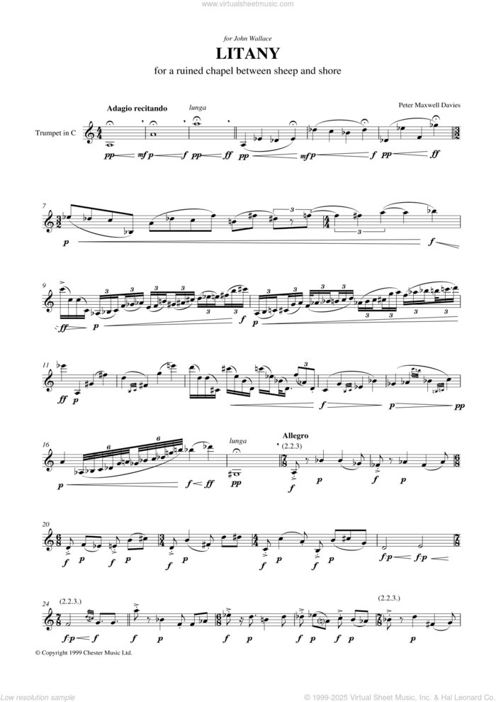 Litany For A Ruined Chapel Between Sheep And Shore sheet music for trumpet solo by Peter Maxwell Davies, classical score, intermediate skill level