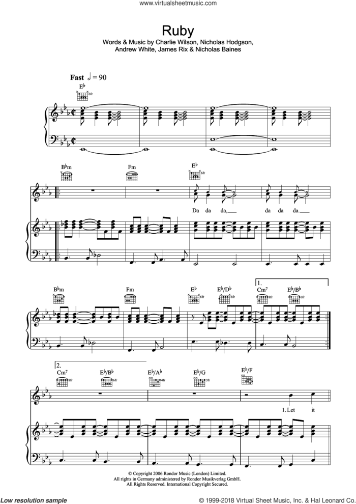 Ruby sheet music for voice, piano or guitar by Kaiser Chiefs, Andrew White, Charlie Wilson, James Rix, Nicholas Baines and Nicholas Hodgson, intermediate skill level