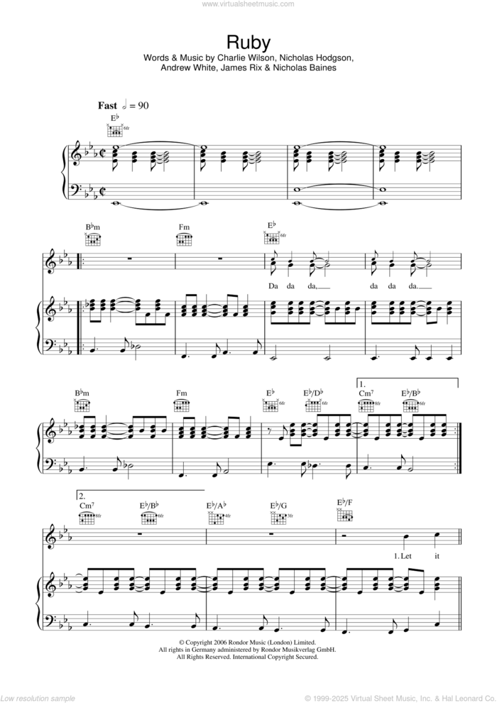 Ruby sheet music for voice, piano or guitar by Kaiser Chiefs, Andrew White, Charlie Wilson, James Rix, Nicholas Baines and Nicholas Hodgson, intermediate skill level