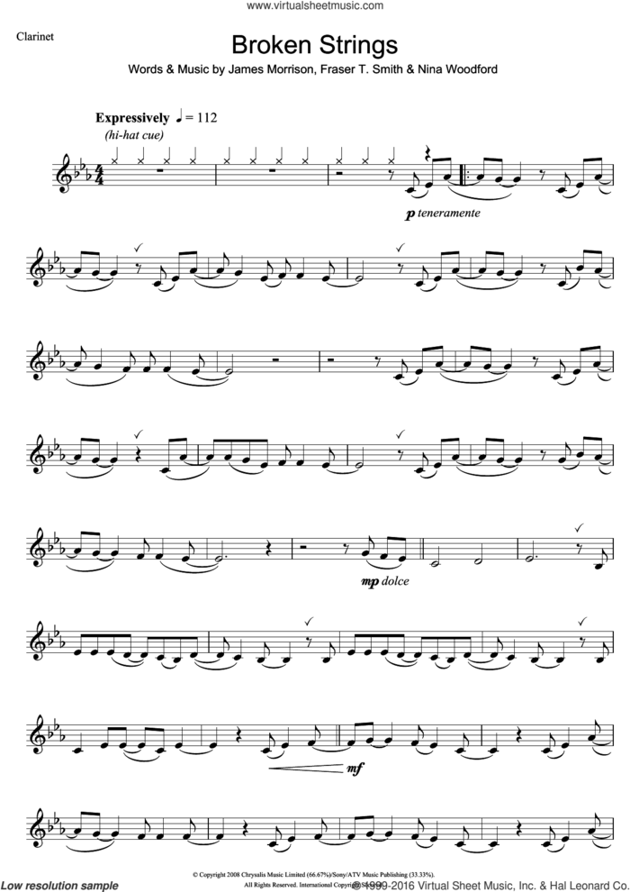 Broken Strings sheet music for clarinet solo by James Morrison, Fraser T. Smith and Nina Woodford, intermediate skill level