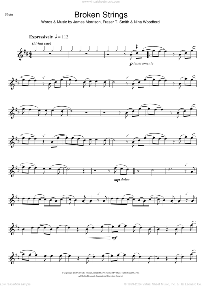 Broken Strings sheet music for flute solo by James Morrison, Fraser T. Smith and Nina Woodford, intermediate skill level