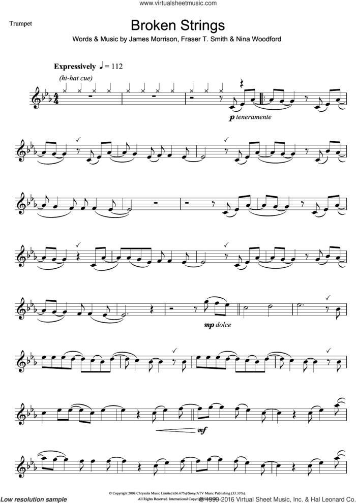 Broken Strings sheet music for trumpet solo by James Morrison, Fraser T. Smith and Nina Woodford, intermediate skill level