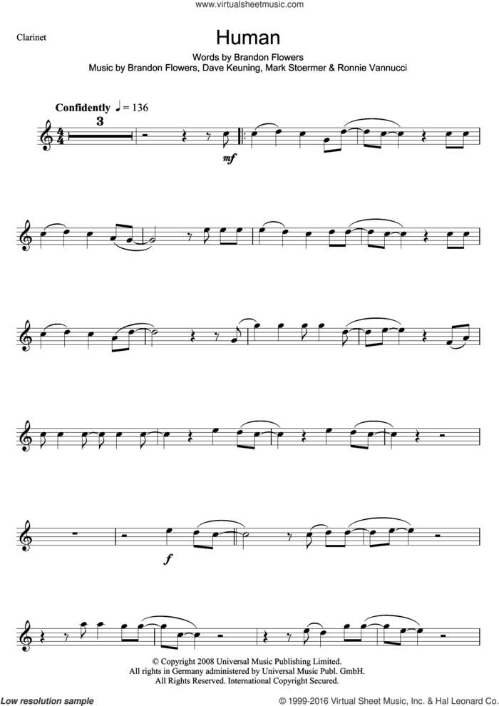 Human sheet music for clarinet solo by The Killers, Brandon Flowers, Dave Keuning, Mark Stoermer and Ronnie Vannucci, intermediate skill level