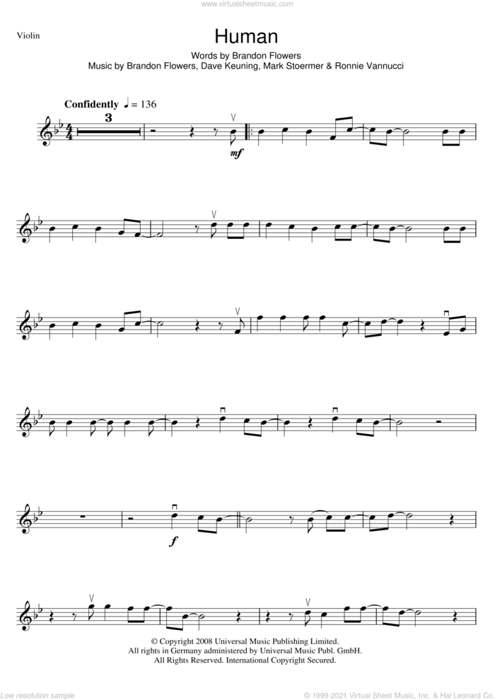 Human sheet music for violin solo by The Killers, Brandon Flowers, Dave Keuning, Mark Stoermer and Ronnie Vannucci, intermediate skill level