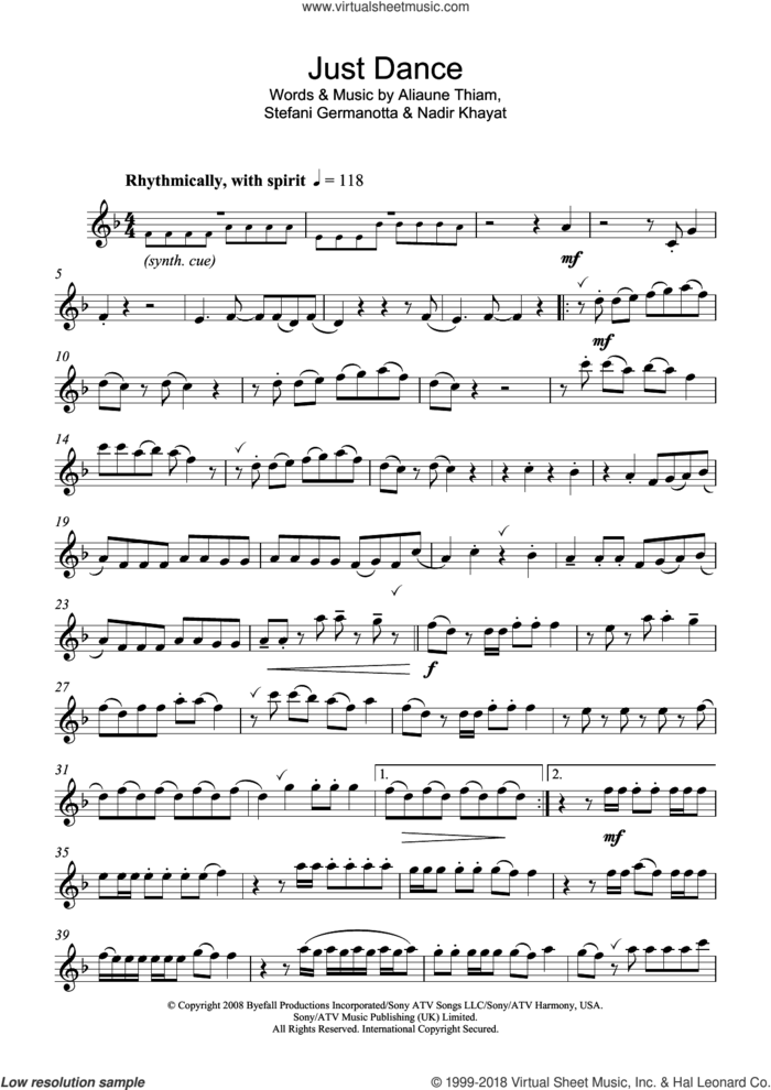 Just Dance sheet music for flute solo by Lady Gaga, Aliaune Thiam and Nadir Khayat, intermediate skill level