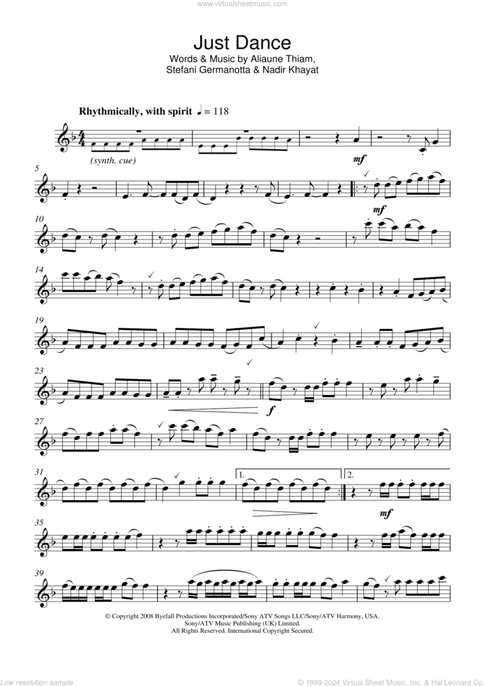 Just Dance sheet music for flute solo by Lady Gaga, Aliaune Thiam and Nadir Khayat, intermediate skill level