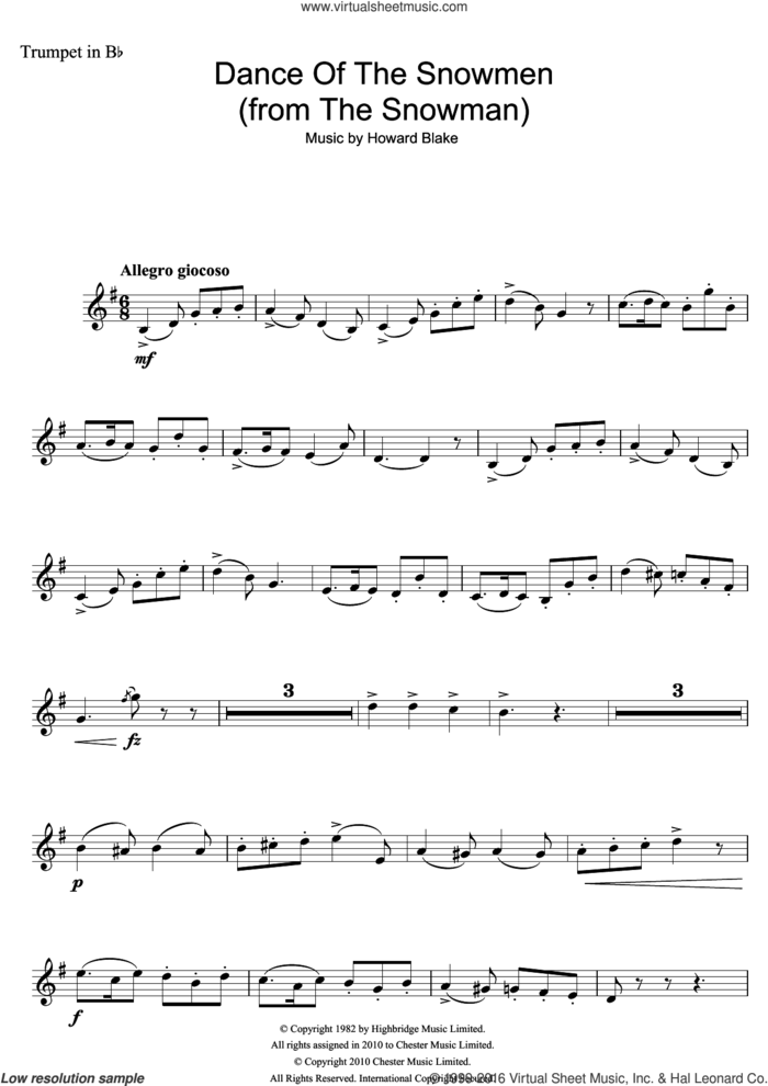 Dance Of The Snowmen (from The Snowman) sheet music for trumpet solo by Howard Blake, intermediate skill level