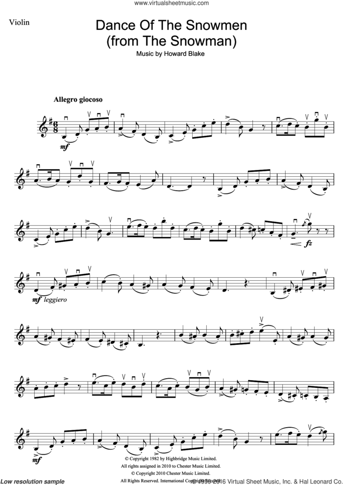 Dance Of The Snowmen (from The Snowman) sheet music for violin solo by Howard Blake, intermediate skill level