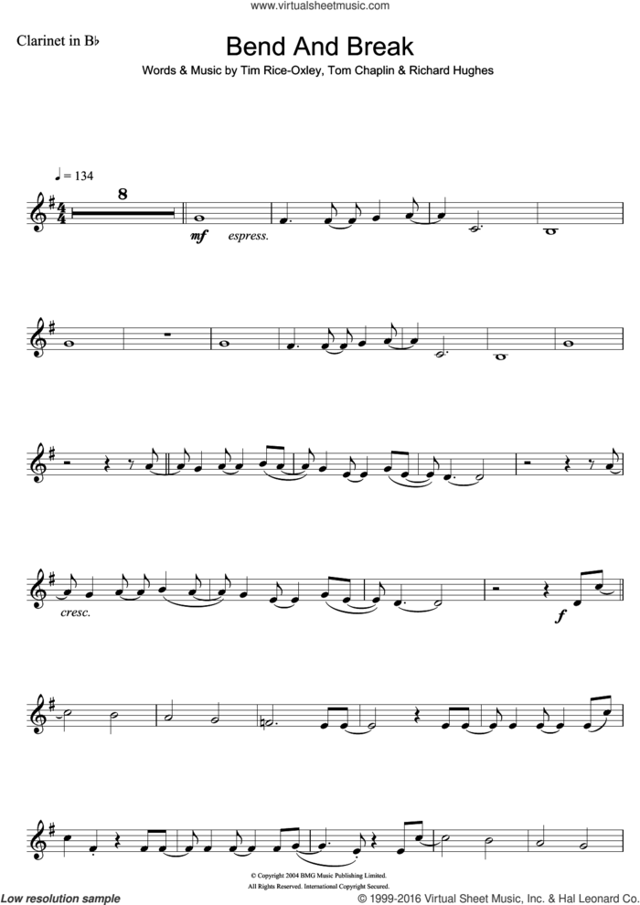 Bend And Break sheet music for clarinet solo by Tim Rice-Oxley, Richard Hughes and Tom Chaplin, intermediate skill level