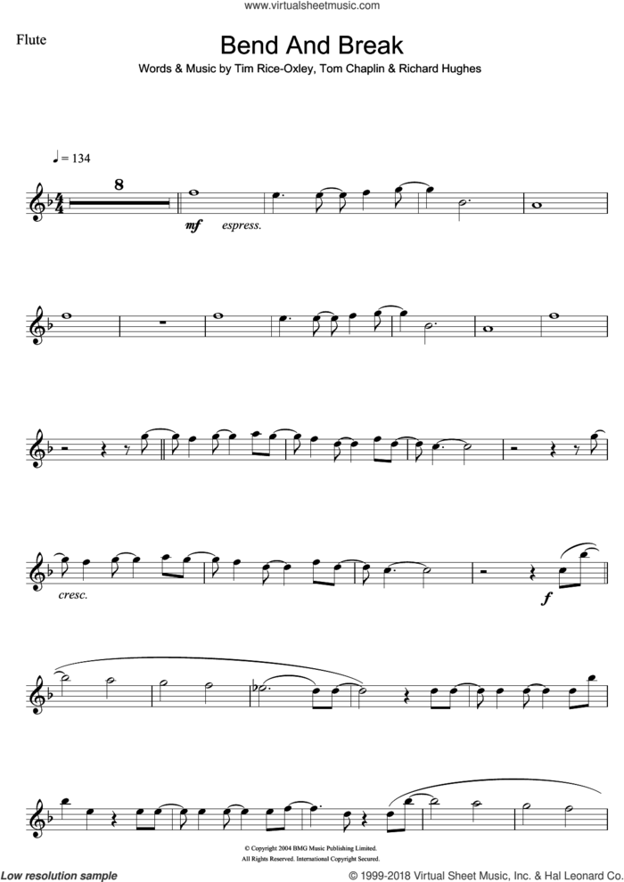 Bend And Break sheet music for flute solo by Tim Rice-Oxley, Richard Hughes and Tom Chaplin, intermediate skill level