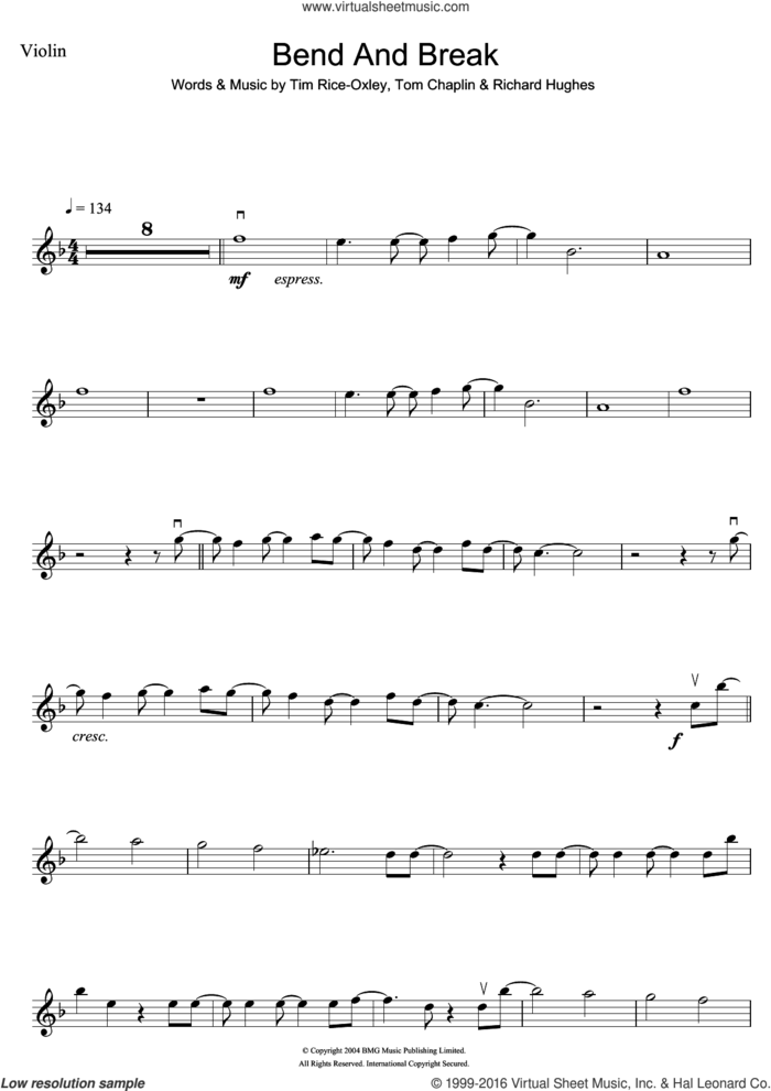 Bend And Break sheet music for violin solo by Tim Rice-Oxley, Richard Hughes and Tom Chaplin, intermediate skill level