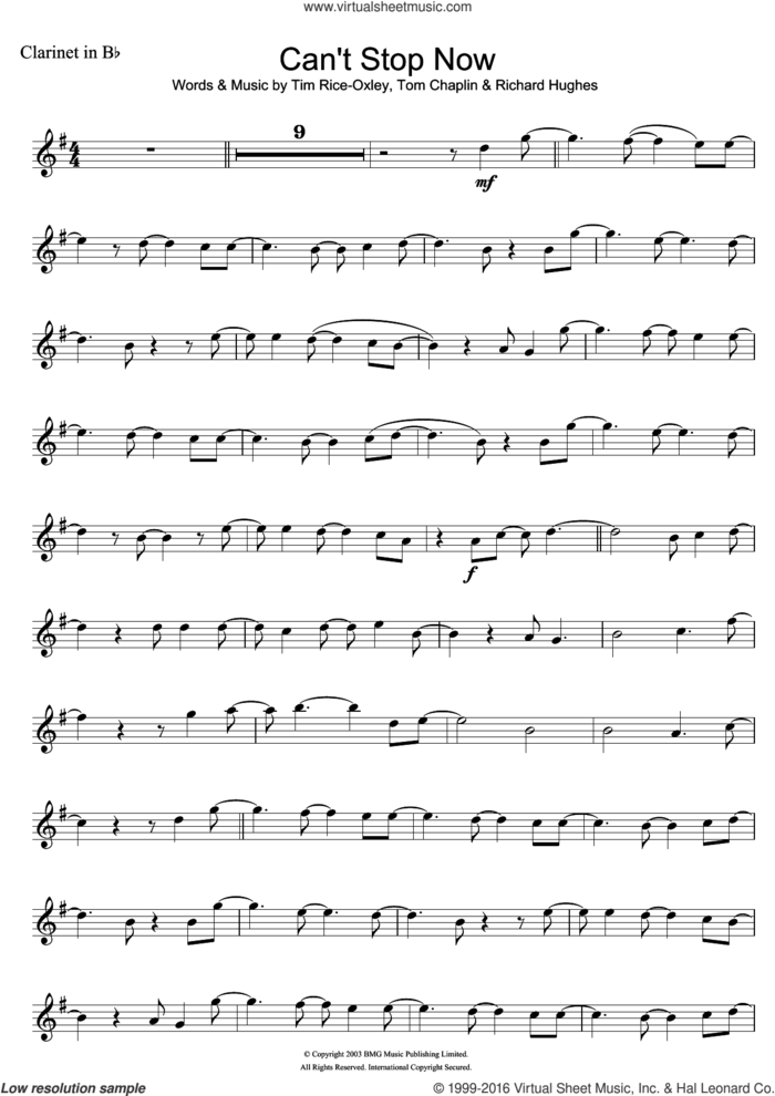 Can't Stop Now sheet music for clarinet solo by Tim Rice-Oxley, Richard Hughes and Tom Chaplin, intermediate skill level