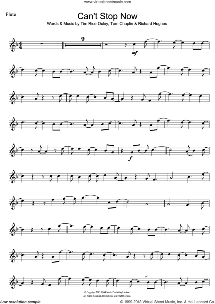 Can't Stop Now sheet music for flute solo by Tim Rice-Oxley, Richard Hughes and Tom Chaplin, intermediate skill level